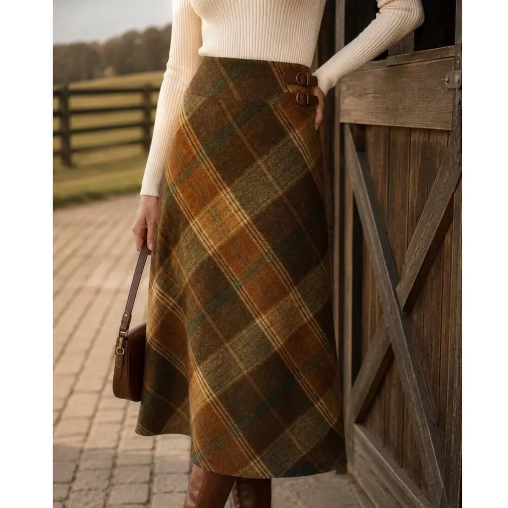 Lauren Ralph Lauren Wool Plaid Equestrian Buckle Midi Skirt Size 12